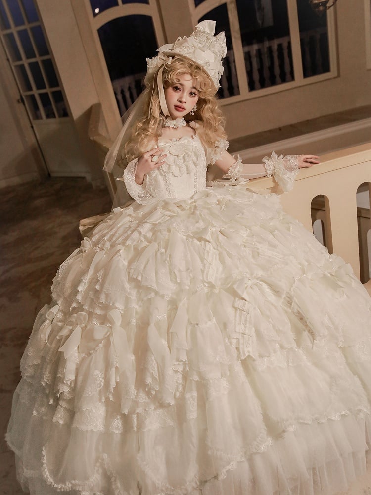 Gorgeous Hanayome Lolita Creamy White Bow Accents Wedding Dress / Full Set
