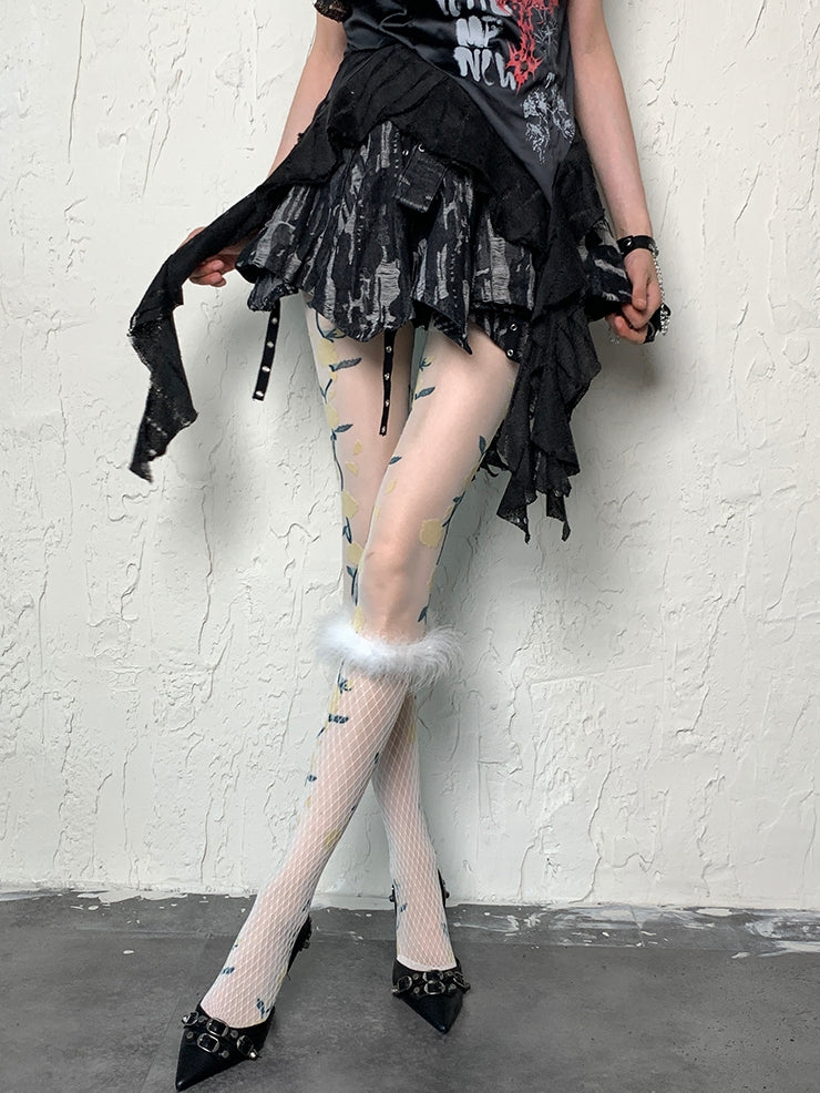 White Y2K Feather Decorated Fishnet Design Underknee Stockings