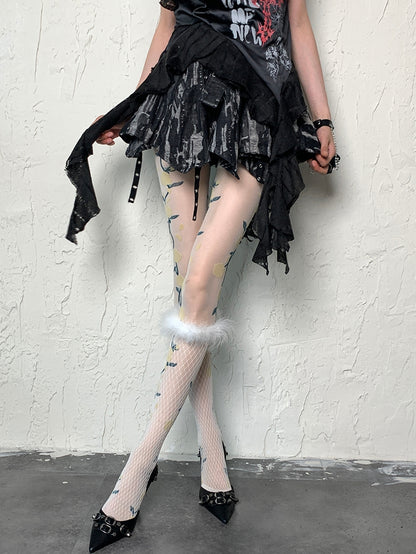 White Y2K Feather Decorated Fishnet Design Underknee Stockings