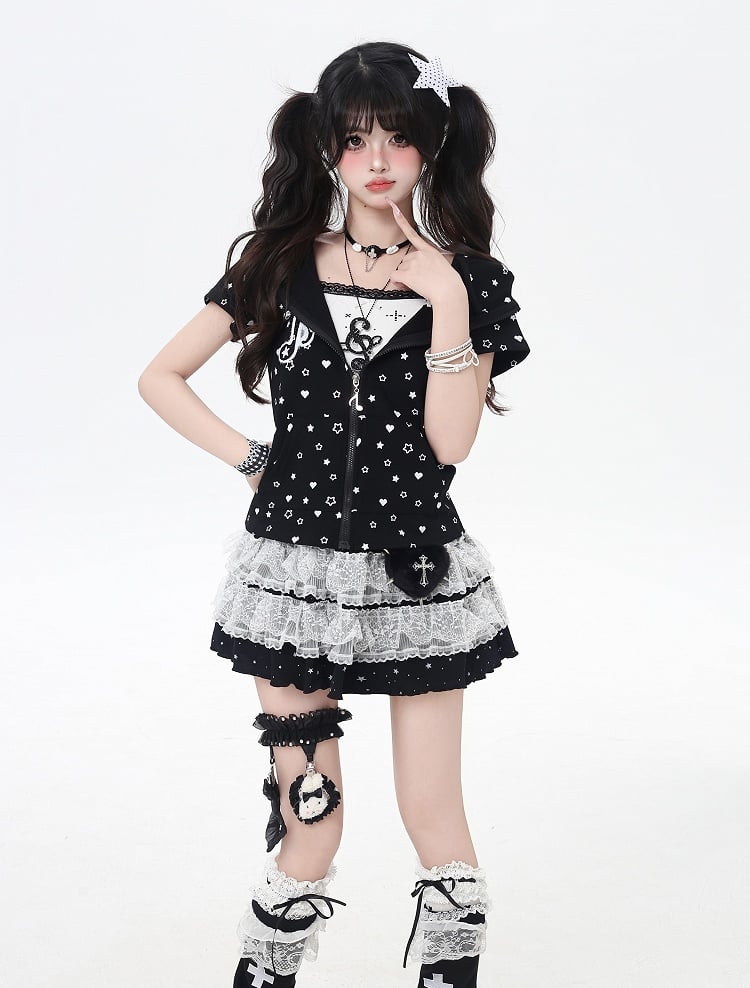 Y2K Kitty Ears Hood Allover Star and Heart Print Off White/Black Zip-up Jacket