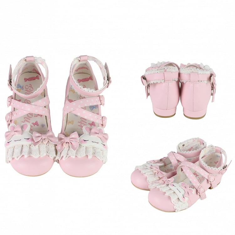 Pink Polka-dot Pattern Crisscross Design Bowknot Details Bunny Applique Lace Trim Sweet Lolita Shoes