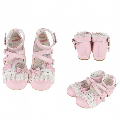 Pink Polka-dot Pattern Crisscross Design Bowknot Details Bunny Applique Lace Trim Sweet Lolita Shoes