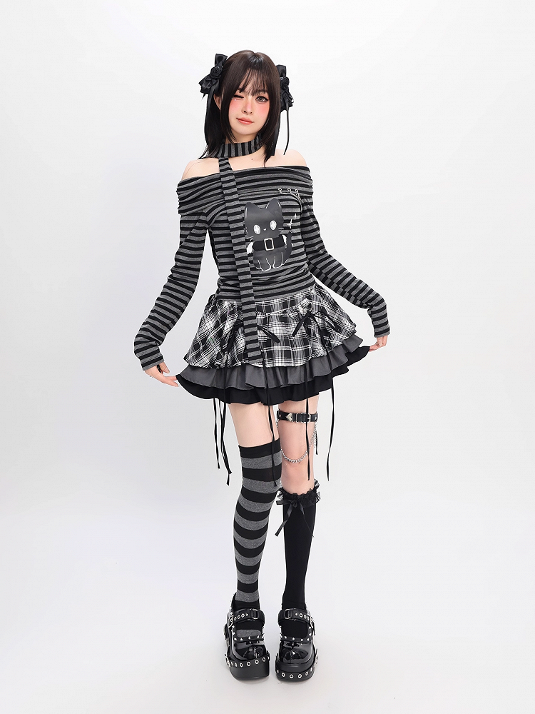 Bittersweet Kitten Print Off-the-shoulder Neckline Black and Gray Striped Top with Scarf