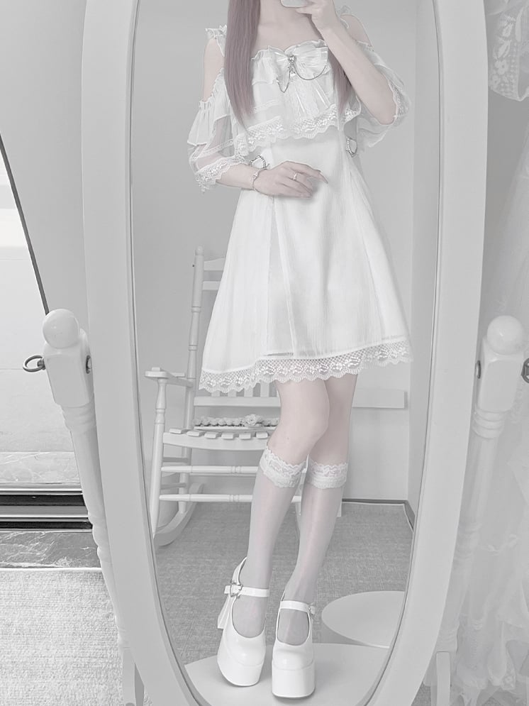 Jirai Kei White Off-the-shoulder Neckline Cape Design Dress with Chains Decorated Bowknot