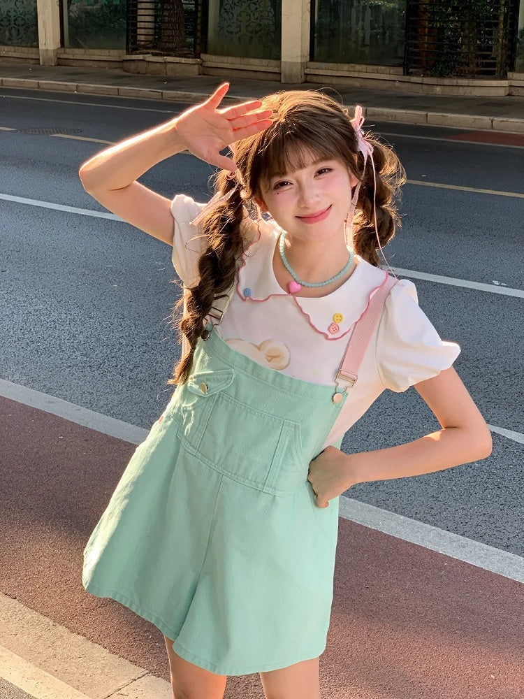 Candy Color Pink/Mint Green Denim Overall Shorts