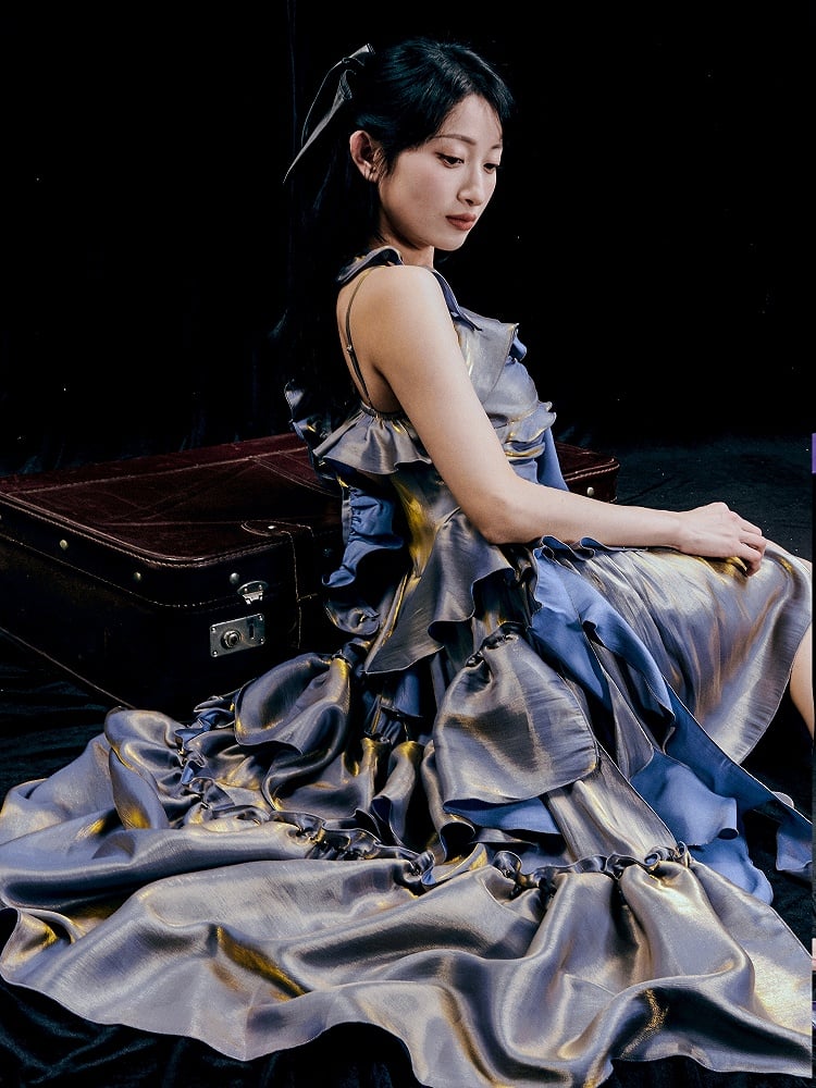 Purple Ruched Design Flounce Hem Vintage Dress