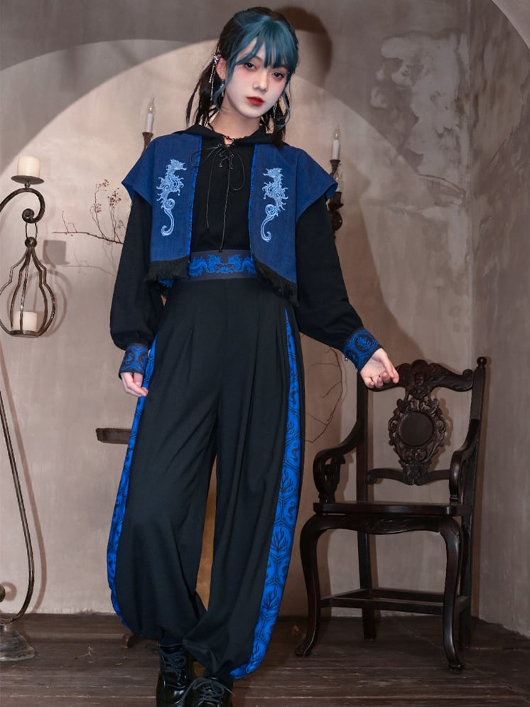 Blue Seahorse and Coral Print Black Drawsting Cuff Cheongsam Style Wide-leg Pants