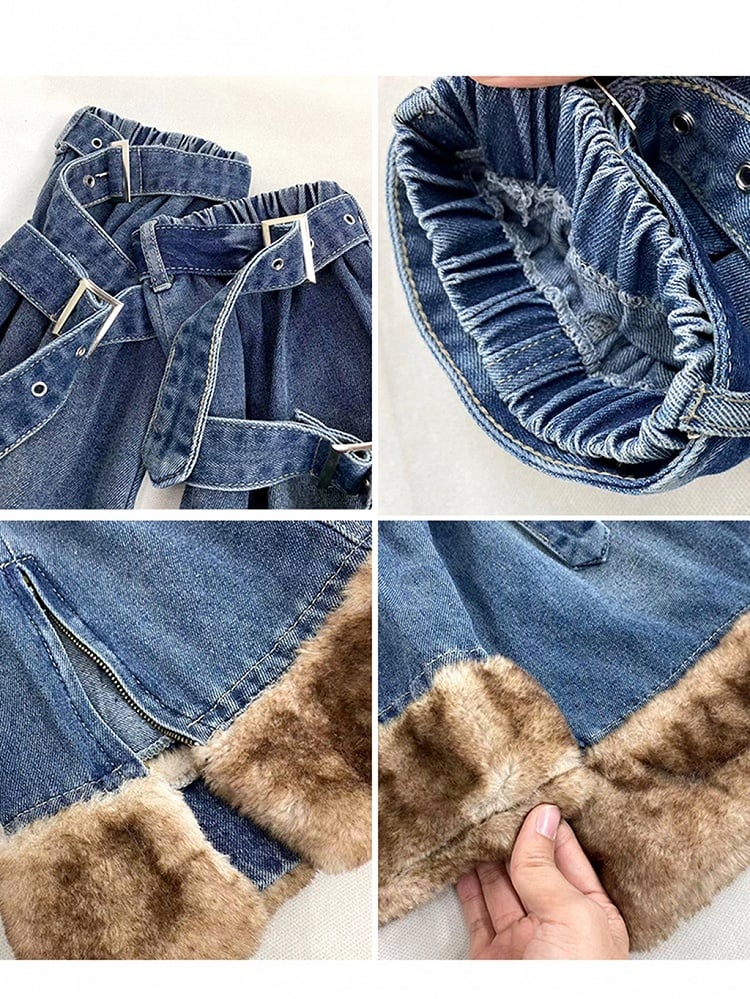 Gyaru Fashion Plush Hem Blue Denim Skirt + Buckle Straps Side Slit Leg Warmers