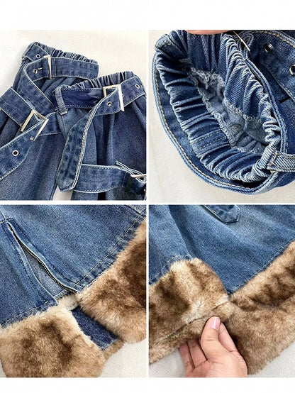 Gyaru Fashion Plush Hem Blue Denim Skirt + Buckle Straps Side Slit Leg Warmers