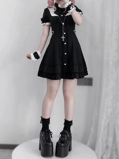 Plus Size Available Black Jirai Kei Set- Lace Trim Dress + Shorts + Tie + Wrist Cuffs