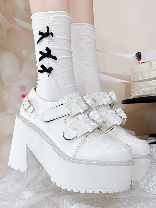 Matte White Jirai Kei Rhinestone Heart Bowknots Velcro Strap Closures Landmine Style Platform Shoes