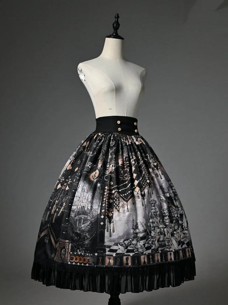 Black Corset Belt Waist Chess Theme Print Lolita Skirt