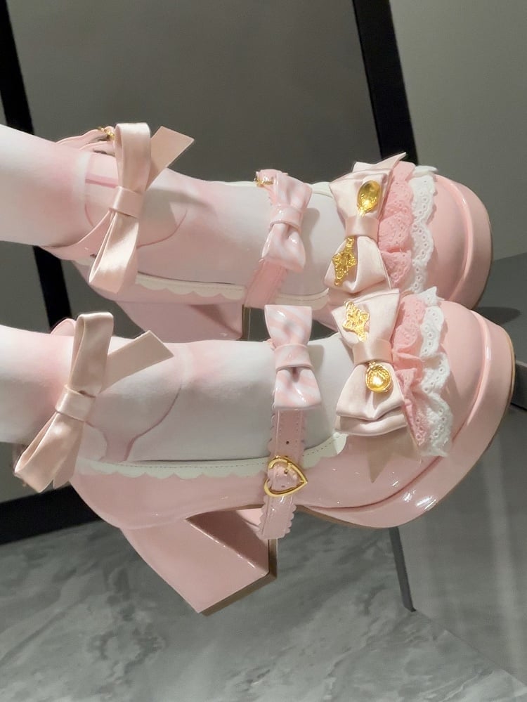 Sweet Lolita Pink Mary Janes - 8cm High Block Heel with Layered Lace, Bow Accents & Heart Buckle