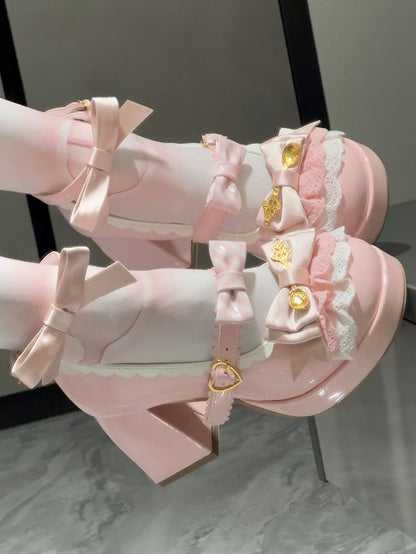 Sweet Lolita Pink Mary Janes - 8cm High Block Heel with Layered Lace, Bow Accents & Heart Buckle