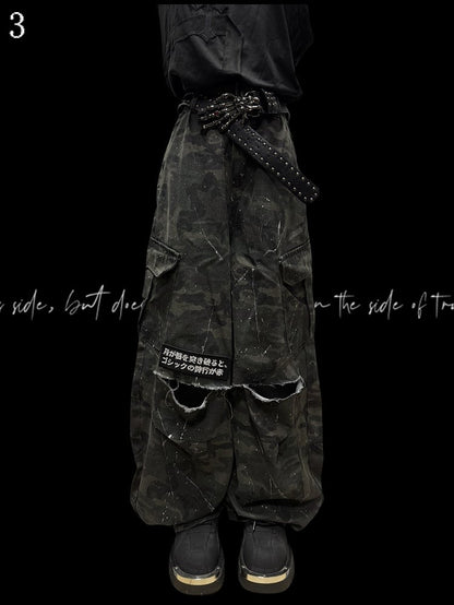 Army Green Camo Pattern Wide-Leg Cargo Pants