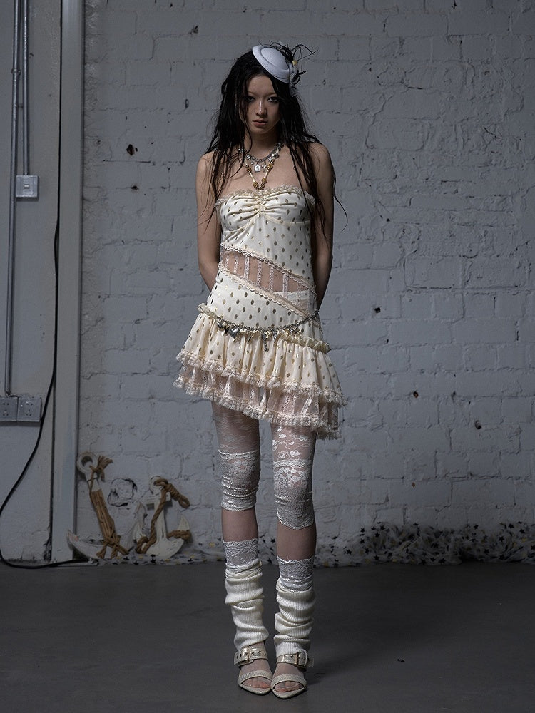 Beige/Black Halter Neck Lace Patches Waist Polka-dot Vintage Strapless Dress