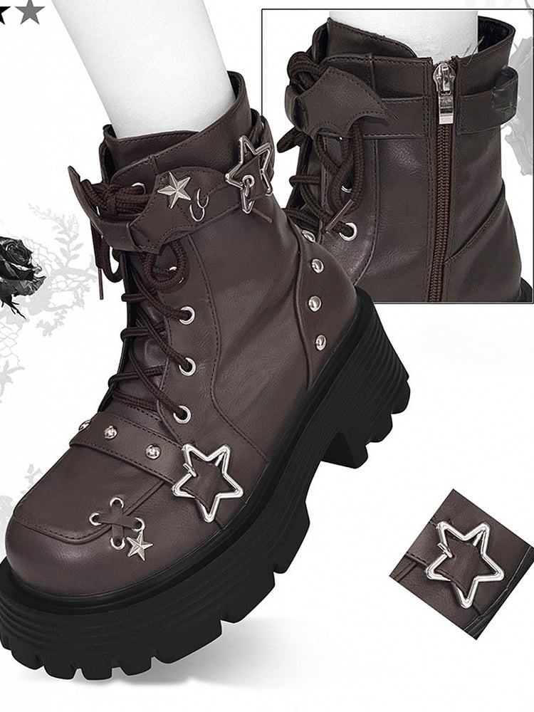 Brown Star Buckle Straps Bat Wings Y2K Platform Ankle Boots