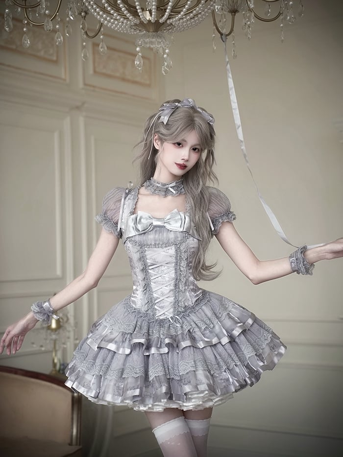 Bunny and Kitty Print Silver Gray Short Puff Sleeves Lolita Corset Dress