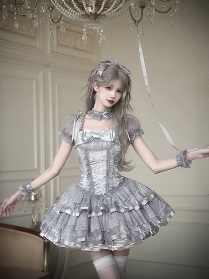 Bunny and Kitty Print Silver Gray Short Puff Sleeves Lolita Corset Dress