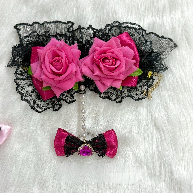 4 Options Floral Design Lace Trim Bracelet With Rhinestone Heart Decorated Bowknot Ring