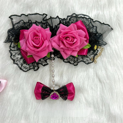 4 Options Floral Design Lace Trim Bracelet With Rhinestone Heart Decorated Bowknot Ring