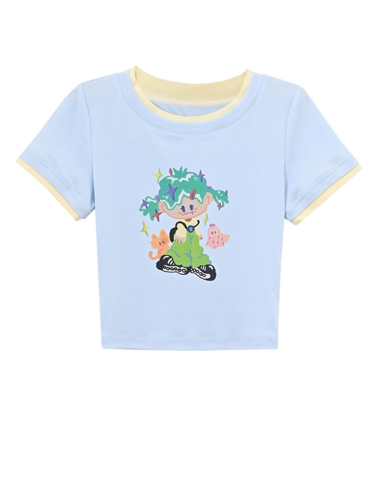 Cartoon Girl Print Blue Round Neck Cropped T-shirt with Free Necklace