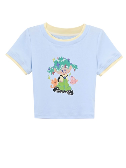Cartoon Girl Print Blue Round Neck Cropped T-shirt with Free Necklace