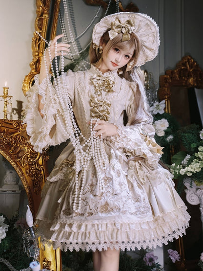 Candle and Candlestick Embroidery Cream Bell Sleeves Velvet Dress Lolita OP / Set