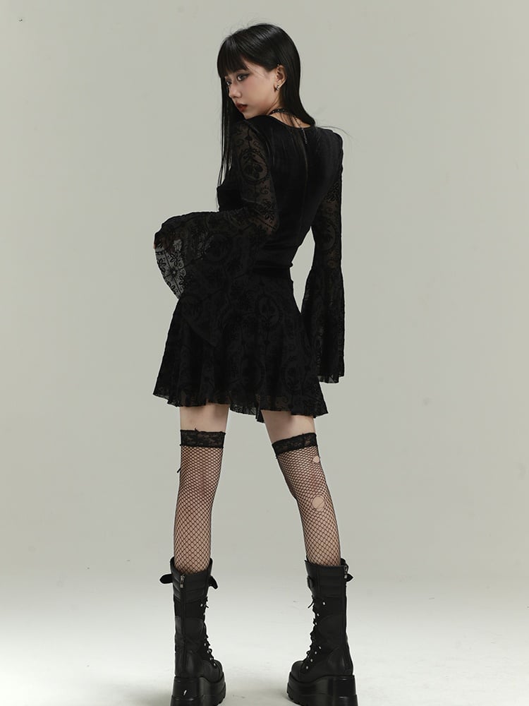 Gothic Black Lace Bell Sleeves Thigh-length Dress with Lace-up Detail at Waist