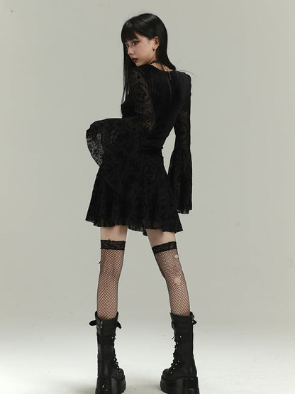 Gothic Black Lace Bell Sleeves Thigh-length Dress with Lace-up Detail at Waist