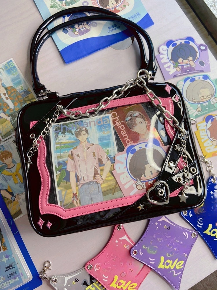 Black & Dark Pink Crisscross Strap Ita Shoulder Bag with Cross Charm Chain