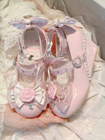 Pink Elegant Lolita Wedge Shoes in PU Leather with Removable Rose Details & Beadwork