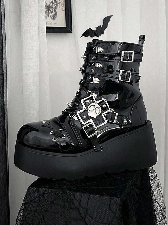 Metal Skull Polished Black Punk Wedge Platform Boots Spike Stud Detailing