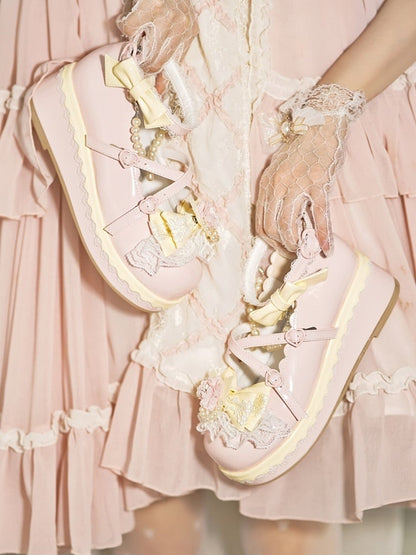 Pink Floral Design Bow at Top Lace Trim Heart Buckle Platforms With Detachable Beaded Chain