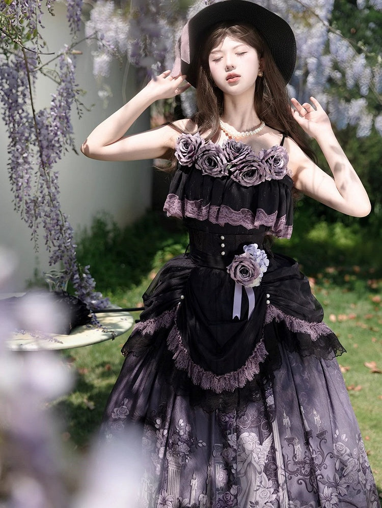 Black & Purple Ruffled Elegant Classic Lolita Top + Floral Print Skirt with Lace Trim Set