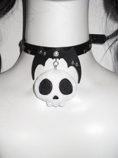 Black Devil Wings Design Plush Skeleton Pendant Punk Choker