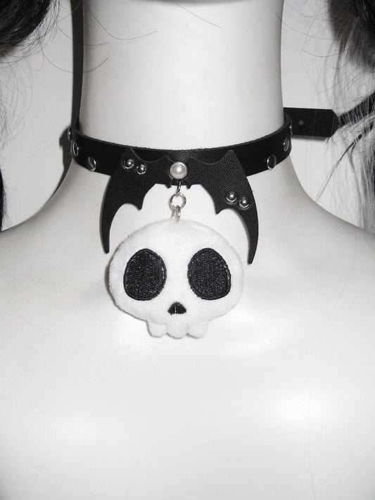 Black Devil Wings Design Plush Skeleton Pendant Punk Choker