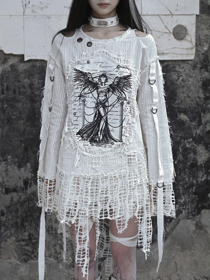 White Angel Print Cutout Shoulders Punk Oversize Sweat Shirt