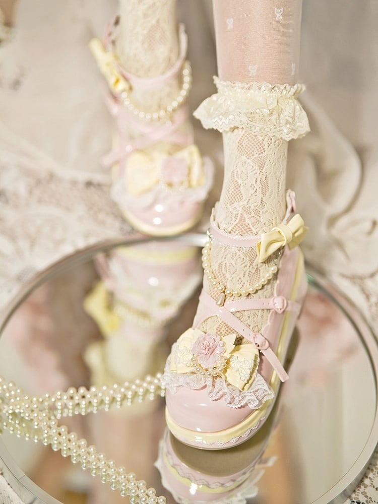 Pink Floral Design Bow at Top Lace Trim Heart Buckle Platforms With Detachable Beaded Chain