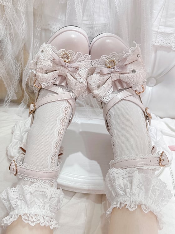 Pink Jirai Kei Bow at Top Crisscross Design Heart Buckles Platform High Block Heels Shoes