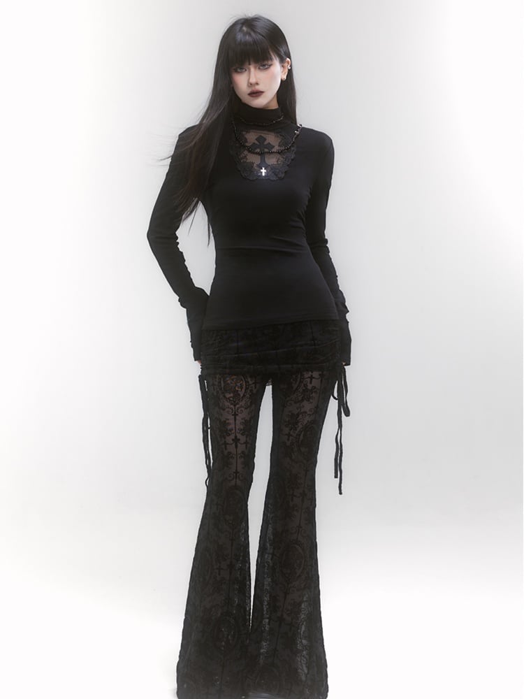 Gothic Black High Neck Cross Applique Cutout Detail Top