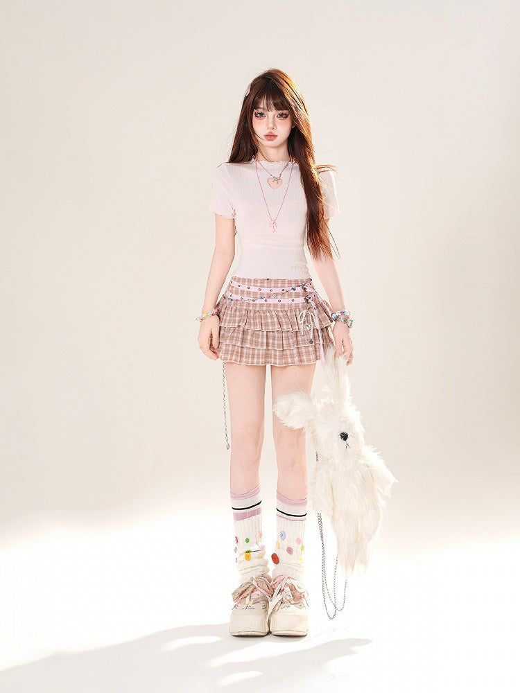 Pink/Apricot Crew Neck Heart-shaped Cutout Lettuce Hem T-shirt