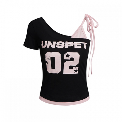 Black Asymmetrical Neckline Number Print Faux Two-pieces T-Shirt