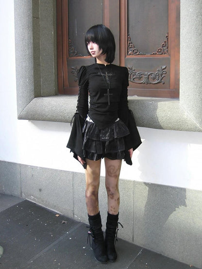 Black Bell Sleeves Top with Embroidered Cross Applique & Side Lace-up