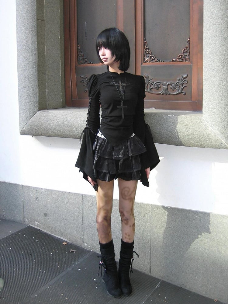 Black Bell Sleeves Top with Embroidered Cross Applique & Side Lace-up