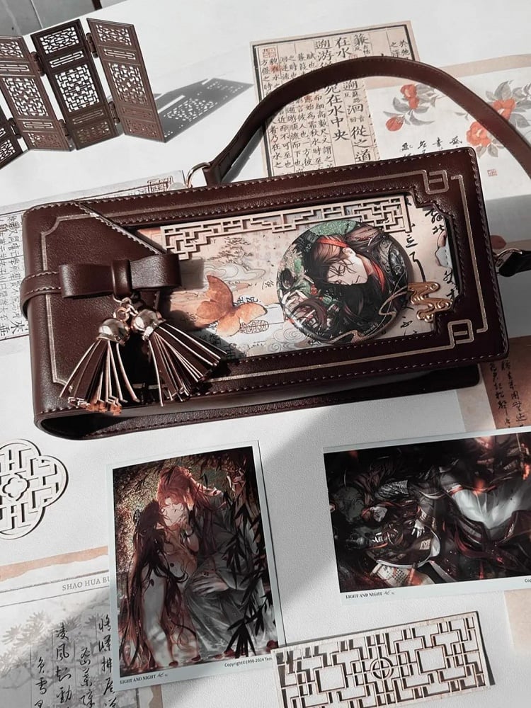 Brown PU Floral Pattern Cheongsam Style Ita Bag With Bow & Fringe Accent