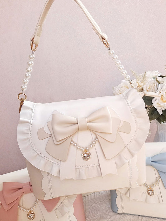 Rhinestone Heart Decor, Delicate Beadwork Bow & Dual Strap System Beige & White 2-Way Hand Bag in Elegant Lolita