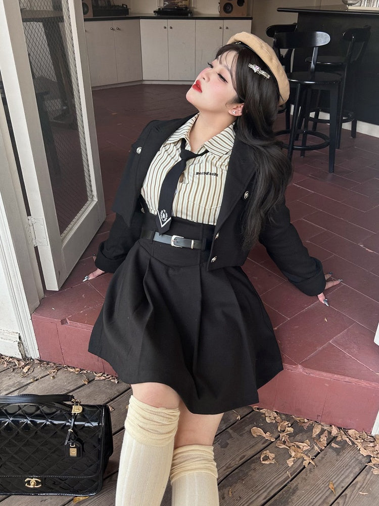 Plus Size - Black Preppy Cropped Blazer Silver-tone Buttons