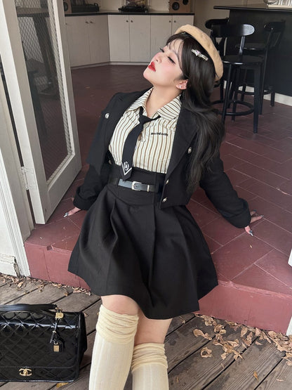 Plus Size - Black Preppy Cropped Blazer Silver-tone Buttons