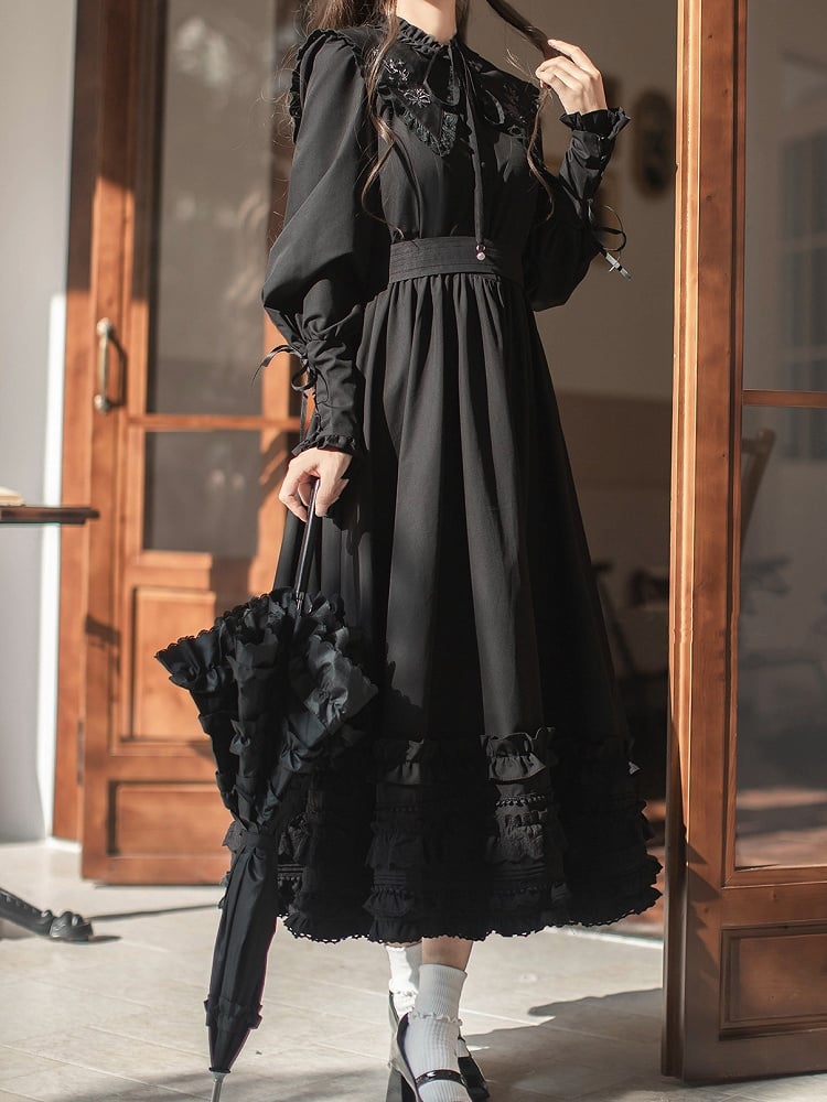 Floral Embroidery Collar Lace-up Detail Black Vintage Leg-of-Mutton Sleeves Dress